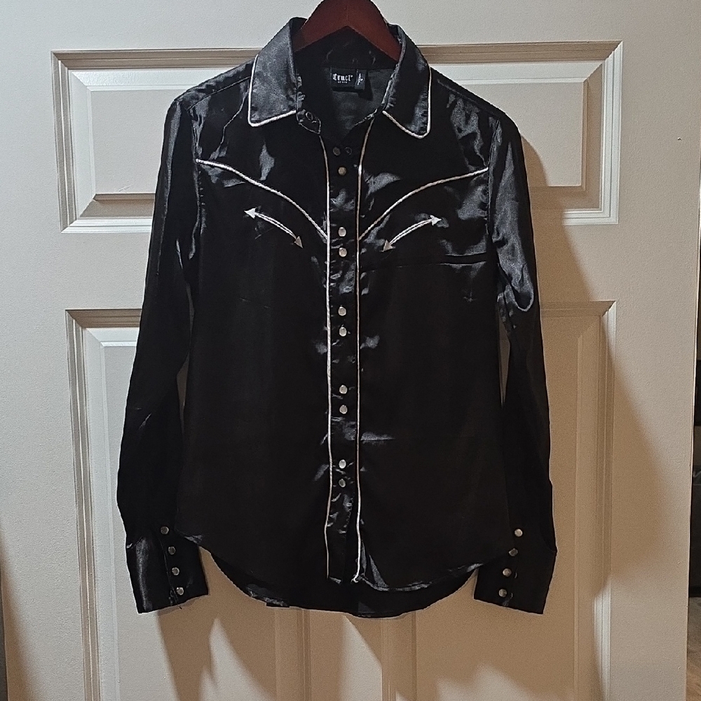 Cruel Girl Black Satin Western Shirt with White Accents